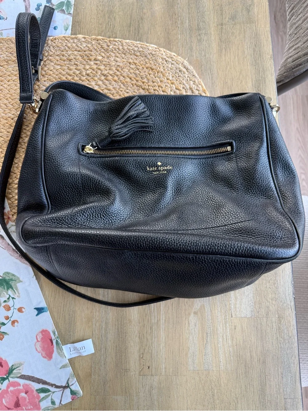 kate spade Black Pebbled Leather Tassel Shoulder Bag